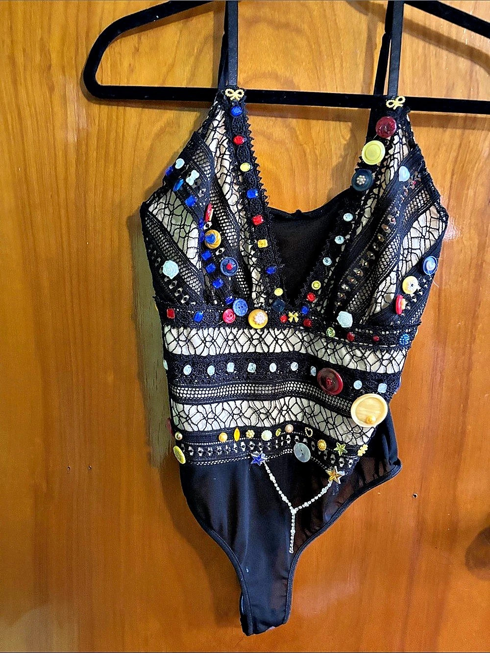 Embellished vintage button Black One-Piece bodysuit Teddy Like New